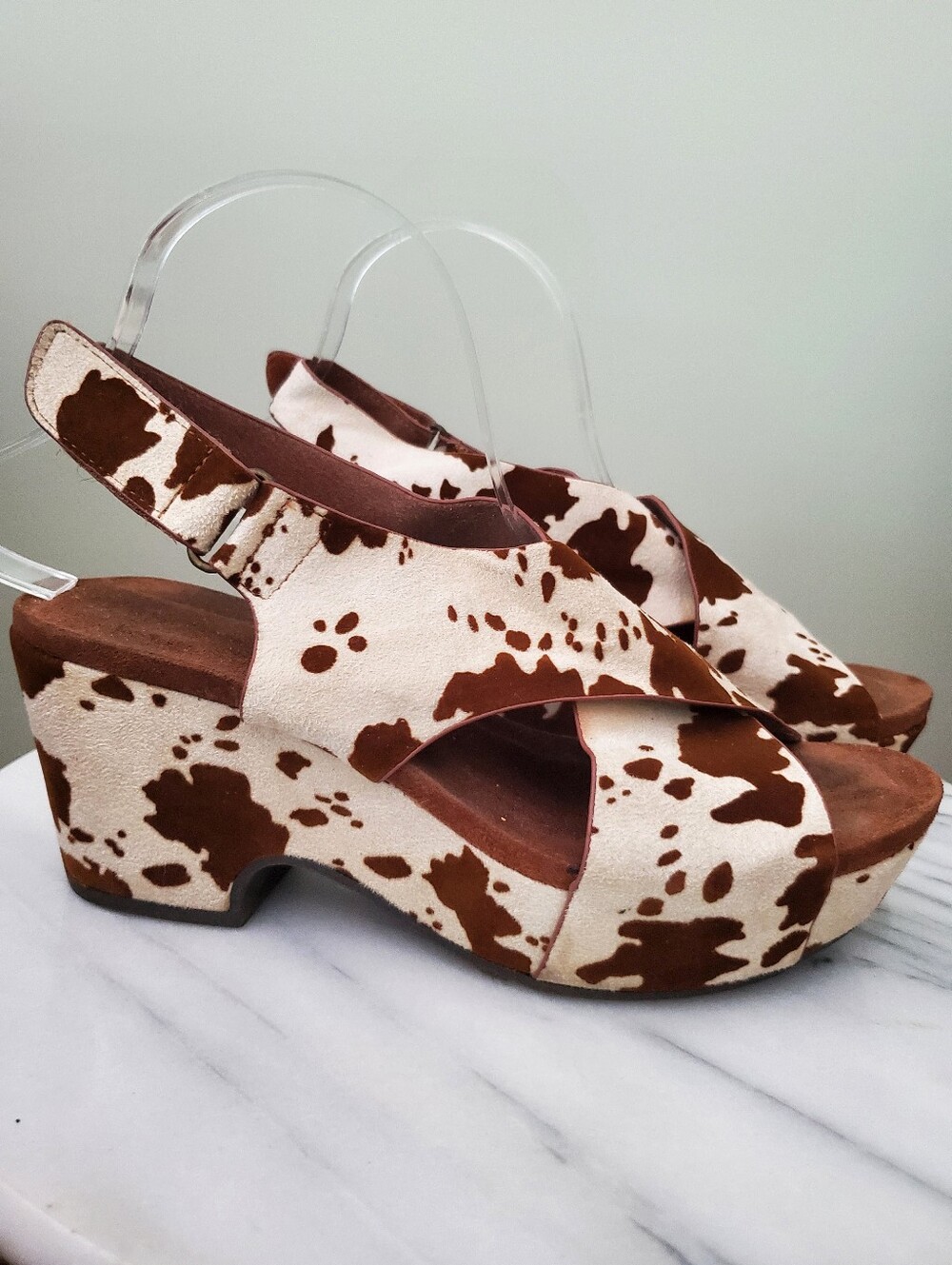 Pierre Dumas Cow Print Platform Wedge Sandals 7.5